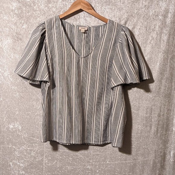 ANA Poplin V-neck Striped Blouse with Puffed Sleeves NWOT - Picture 2 of 10